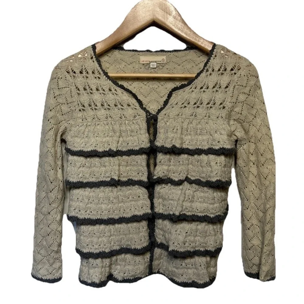 Odd Molly Wool Open‎ Knit Crochet Cardigan Light Beige Gray Size S